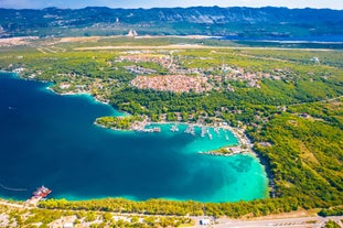 Photo of aerial view of Historic Adriatic town of Krk aerial view, Island of Krk, Kvarner bay of Croatia.