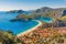 Photo of aerial view of Oludeniz Bay view in Fethiye Town, Turkey.