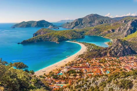 Photo of aerial view of Oludeniz Bay view in Fethiye Town, Turkey.