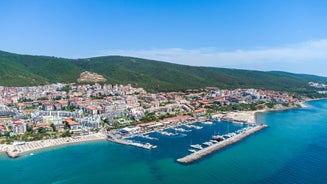 Photo of panoramic aerial view of the sea port of Sveti Vlas in Bulgaria.