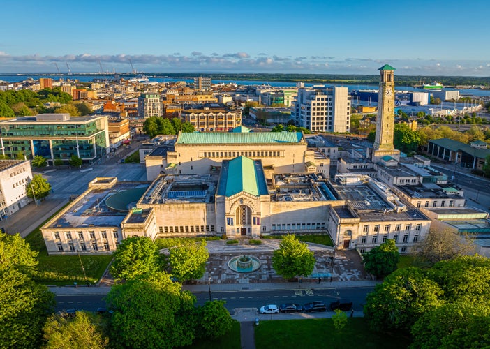 photo of view  of Aerial view of SeaCity Museum in Southampton, a port city in Hampshire, England, UK