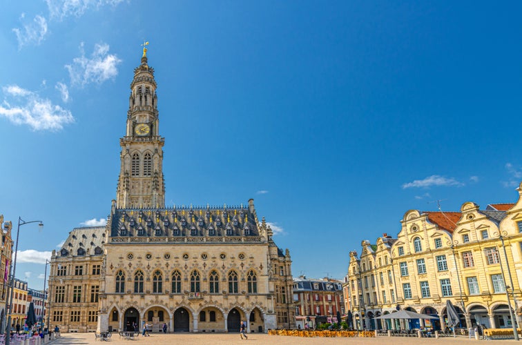 Cityscape of Arras town with Hotel de Ville town hall building, Flemish-Baroque-style townhouses on La Petite Place des Heros Heroes Square, Pas-de-Calais department, Hauts-de-France Region, France