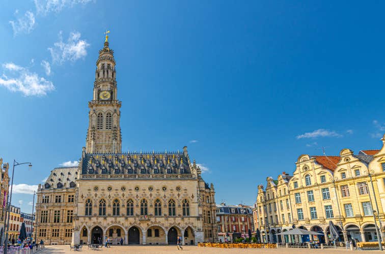 Cityscape of Arras town with Hotel de Ville town hall building, Flemish-Baroque-style townhouses on La Petite Place des Heros Heroes Square, Pas-de-Calais department, Hauts-de-France Region, France