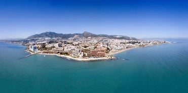 Photo of aerial panoramic view of Fuengirola city beach and marina, Fuengirola is a city on the Costa del Sol in the province of Malaga in the Andalusia, Spain.