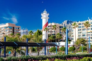 Photo of aerial panoramic view of Fuengirola city beach and marina, Fuengirola is a city on the Costa del Sol in the province of Malaga in the Andalusia, Spain.