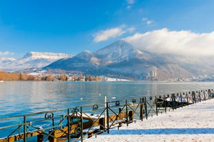 Photo of The winter view on the montains and ski lift station in French Alps near Chamonix Mont-Blanc.