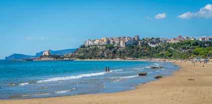 Photo of aerial view of beautiful coastal landscape with old town of Gaeta, Italy.