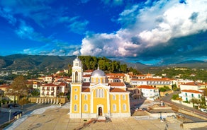 Photo of aerial view of Kalamata city and it's marina, Messenia, Peloponnese, Greece.