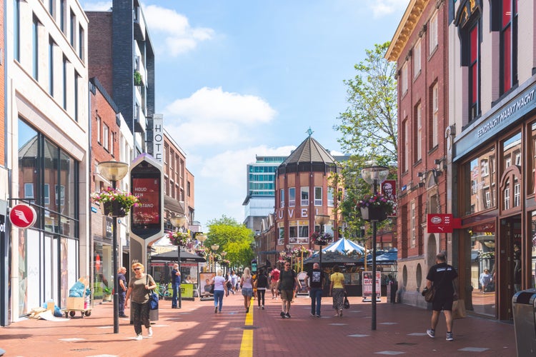 Eindhoven, Netherlands - June 2021: Shopping area in the city centre.