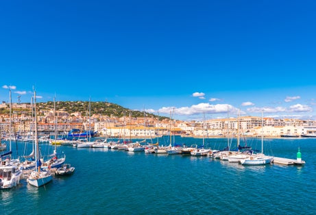 View of the harbor with yachts, Sete, France. Copy space for text
