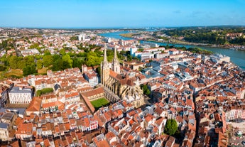 photo of an aerial view above Saint-Jean-de-Luz is a fishing town at the mouth of the Nivelle river, in southwest France’s Basque country. 