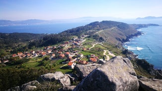 Photo of aerial view of the town of Cangas in the Bay of Vigo, Galicia, Spain.