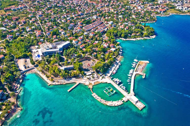 Malinska waterfront beaches and turquoise coastline view, Island of Krk tourist destination in Croatia