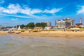 Photo of aerial view of Lido di Jesolo, or Jesolo Lido the beach area of the city of Jesolo in the province of Venice, Italy.