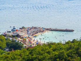 Photo of aerial view of Historic Adriatic town of Krk aerial view, Island of Krk, Kvarner bay of Croatia.