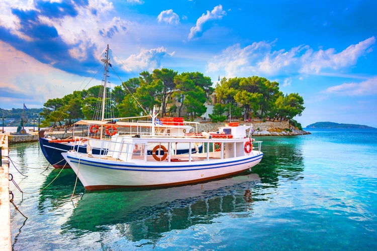 Photo of scenic town of Skiathos Chora in Skiathos island, Sporades, Greece..