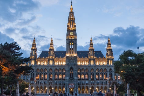 photo of view of Vienna City Hall at night, Vienna, Austria.