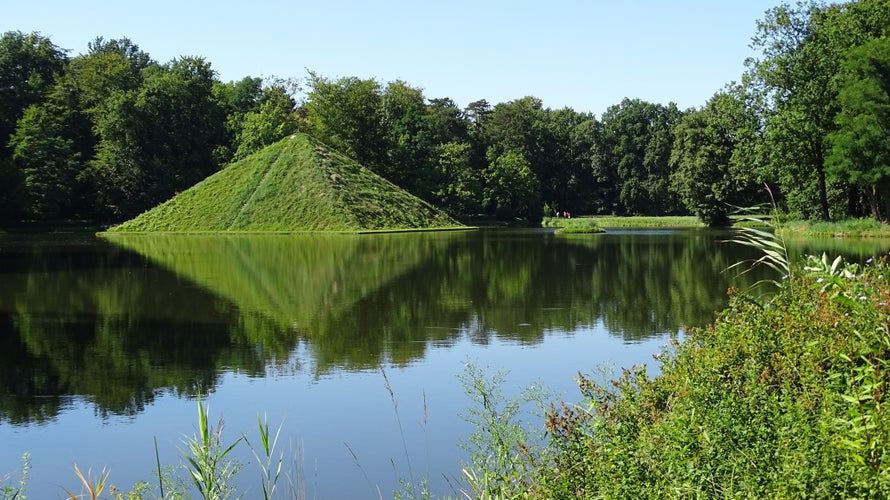 Park Branitz, Cottbus, Germany: Pyramid and isle with grave of landscape architect Hermann Fuerst von Pueckler-Muskau and his wife.