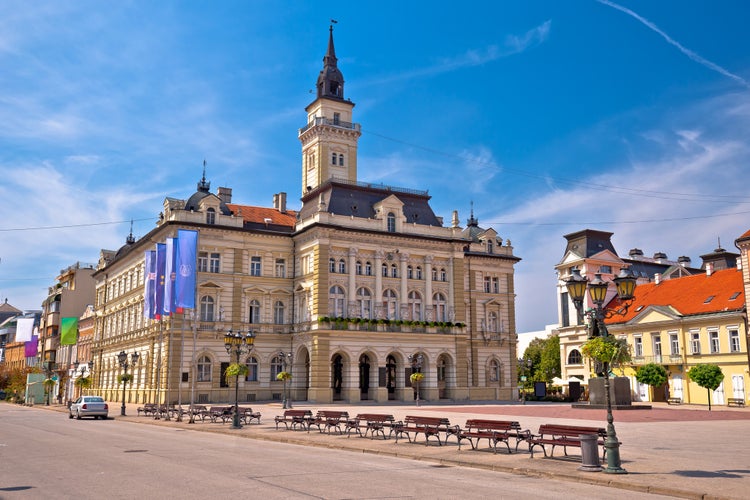 Photo of freedom square in Novi Sad arches and architecture view, Vojvodina region of Serbia.