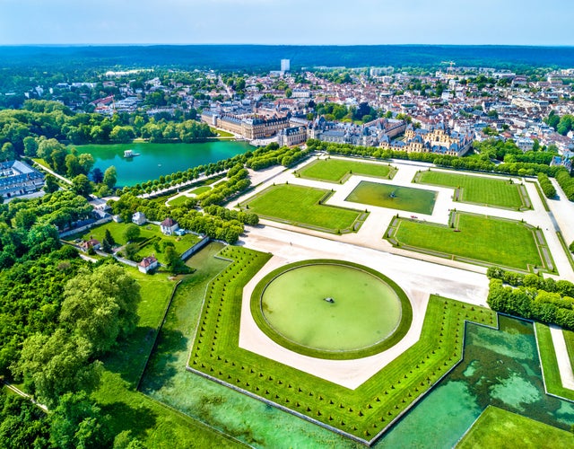 Aerial view of Chateau de Fontainebleau, a residence for the French monarchs. Now a UNESCO World Heritage Site in France