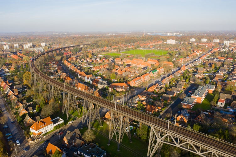 Rendburger Hochbrücke drone shot of a railway track over North Baltic Sea canal