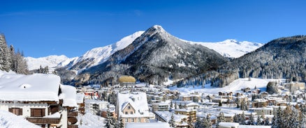 Photo of scenery of famous ice skating in winter resort Davos, Switzerland.