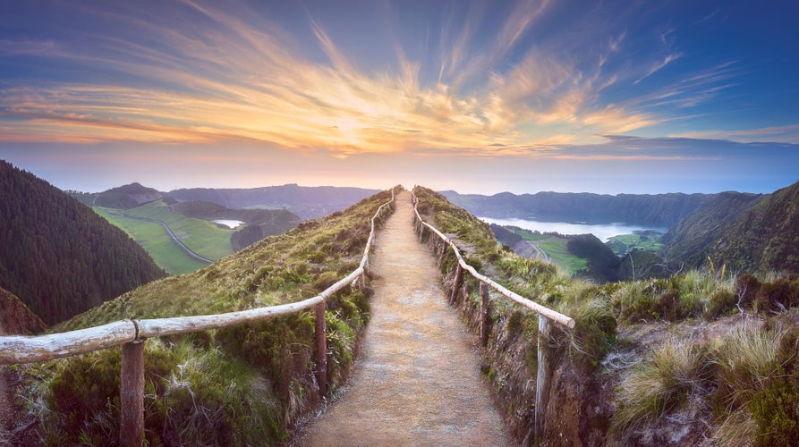 Photo of Mountain landscape with hiking trail and view of beautiful lakes Ponta Delgada, Sao Miguel Island, Azores, Portugal.