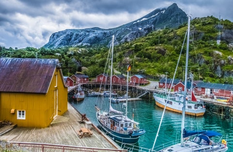 The charming fishing village of Nusfjord, Flakstadoy, Lofoten Islands, Nordland, Norway. Located north of the Arctic Circle.