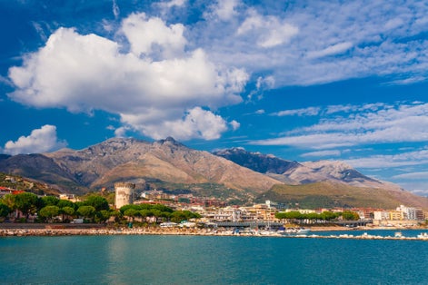Panoramic sea landscape with Formia, Lazio, Italy. Scenic resort town village with nice sand beach and clear blue water. Famous tourist destination in Riviera de Ulisse