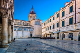 Photo of panoramic aerial view of the old town of Dubrovnik, Croatia seen from Bosanka viewpoint on the shores of the Adriatic Sea in the Mediterranean Sea.