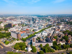 Photo of aerial view of the city ,Rheinturm and Media Harbour district in Dusseldorf city in Germany.