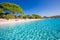 photo of sandy Santa Giulia beach with pine trees and azure clear water in Porto Vecchio, Corsica, France, Europe.