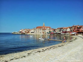 Photo of aerial view to the town of Porec in Istria, Croatia on Adriatic coast.