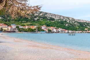 Photo of aerial view of Historic Adriatic town of Krk aerial view, Island of Krk, Kvarner bay of Croatia.