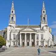 Photo of Nottingham Council House and a fountain front shot at Twilight, UK.