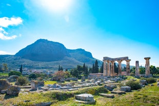 Photo of Heraion in Perachora with small beach, Loutraki, Greece.