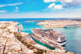 Aerial view of Lady of Mount Carmel church, St.Paul's Cathedral in Valletta embankment city center, Malta.