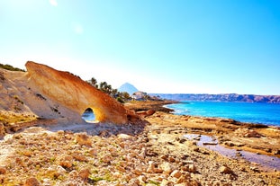 Photo of Javea Xabia skyline view from Mediterranean sea Alicante Spain.