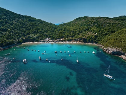 Photo of aerial view of Island of Lopud in Croatia.