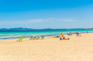 Aerial view with Sant Pere beach of Alcudia, Mallorca island, Spain.