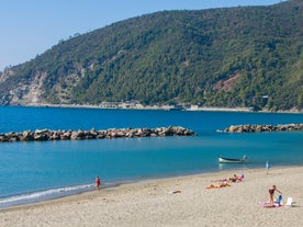 Photo of aerial view of Levanto or Levante, a beautiful fishing village in Liguria, Italy.