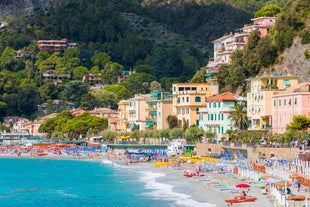 Photo of aerial view of Levanto or Levante, a beautiful fishing village in Liguria, Italy.