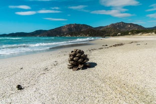 Photo of view of beautiful sandy Campulongu beach, Sardinia island, Italy.