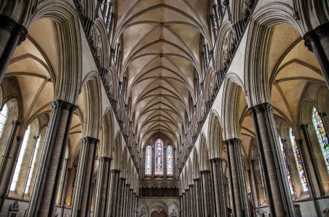 Photo of the interior of the central nave of Salisbury Cathedral, a magnificent example of the early English Gothic style. England.