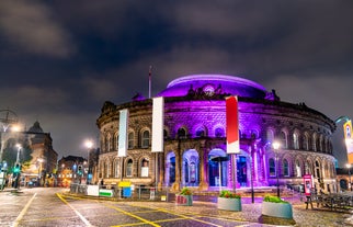 Photo of Nottingham Council House and a fountain front shot at Twilight, UK.