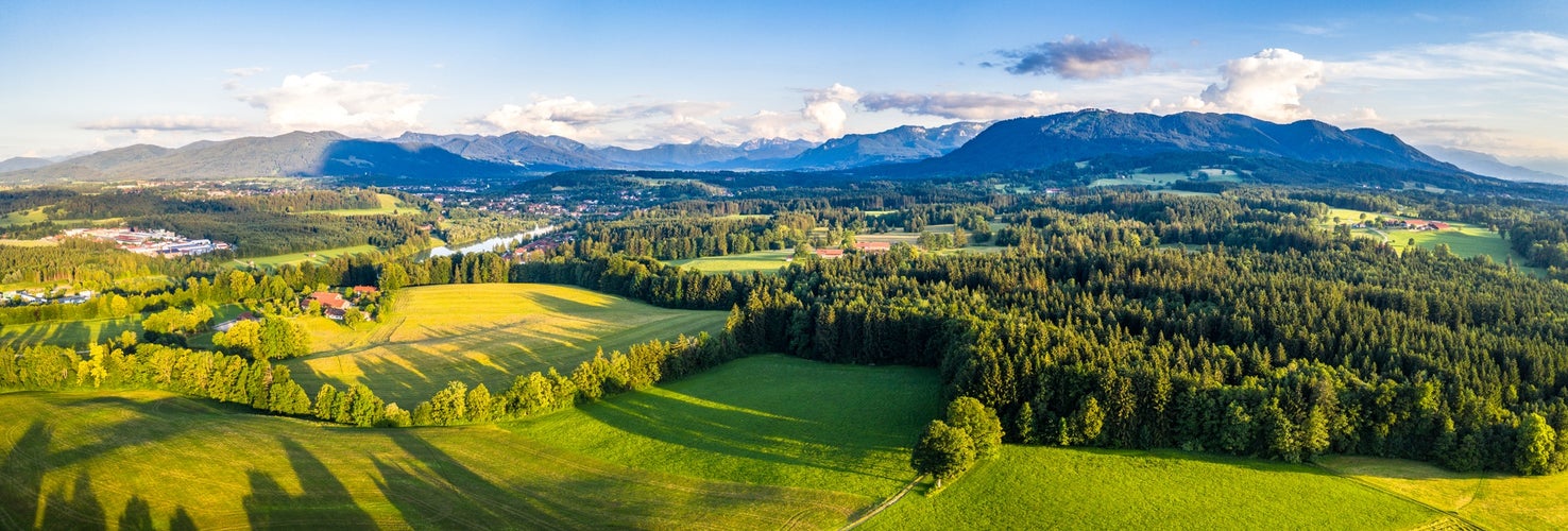 Bad Tölz, Isar Valley, Germany Bavaria. Alps Karwendel mountain. Sunset Aerial shot in June