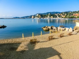 Photo of panoramic aerial view of town Rapallo in Liguria, Italy.