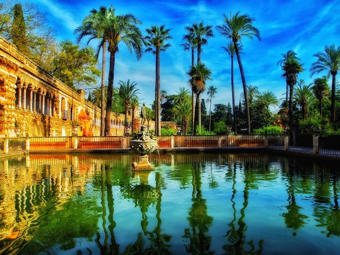 Photo of summer garden view of Alcazar, Sevilla, Spain.