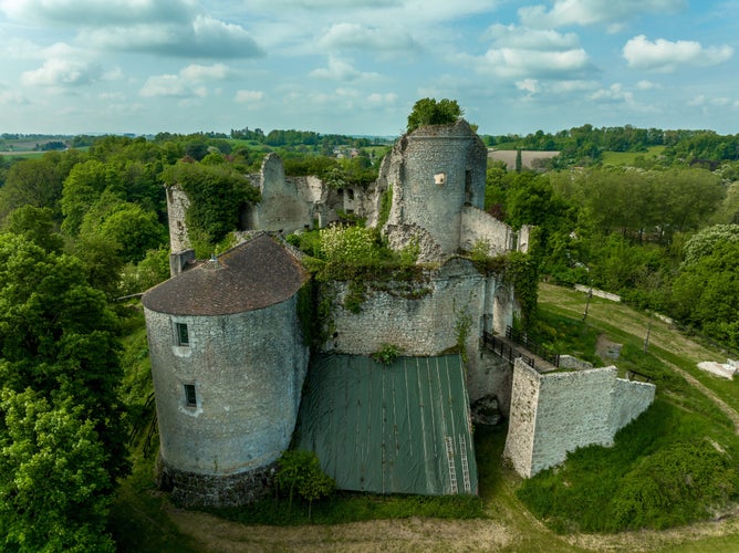 photo of view of Aerial top down ground plan view of Montaigu le blin Gothic ruin castle in Allier department in Central France. Lower courtyard surrounded by ruined wall, inner castle semi-circular flanking tower, Montaigu, France.