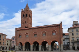 Photo of aerial view of the main square with church in Monza in north Italy.